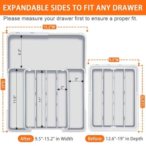 Spaclear Expandable Silverware Drawer Organizer - 7 Compartments BPA-Free Kitchen Utensil Tray, Adjustable 12.6”×9.5" to 19"×15.2", Cutlery Drawer Organizer, Gray - Thumbnail 2