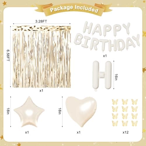 White and Gold Birthday Decorations for Women Girls, Pearl White Gold Foil Confetti Balloons Happy birthday Banner Gold Butterfly Fringe Curtains for Birthday Party Baptism Communion Decorations - Thumbnail 3