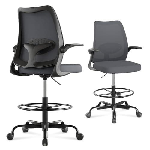 BERYTH Drafting Chair,Tall Office Chair with Adjustable Footrest Ring,Lumbar Support,Ergonomic High Desk Seat,Flip-Up Armrests,Breathable Mesh Standing Stool for Home Office,Grey - Image 1