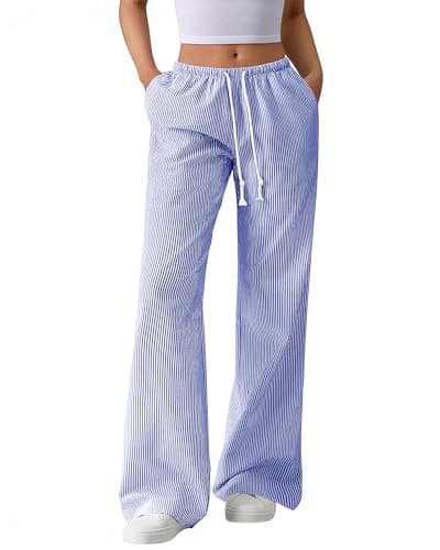 BTFBM Striped Wide Leg Pants for Women Spring Summer 2026 Drawstring Lounge PJ Beach Bottoms Casual Trousers Pockets(Dark Blue, XX-Large) - Image 1