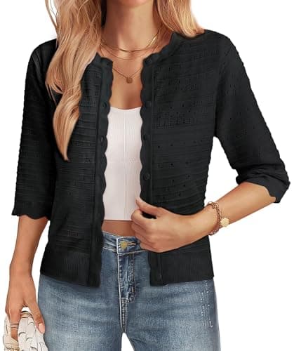 GRACE KARIN Womens Short Sleeve Black Cardigan Sweater, Lightweight Cotton Cardigan Trendy, Dressy Casual Floral Bolero Shrugs - Image 1