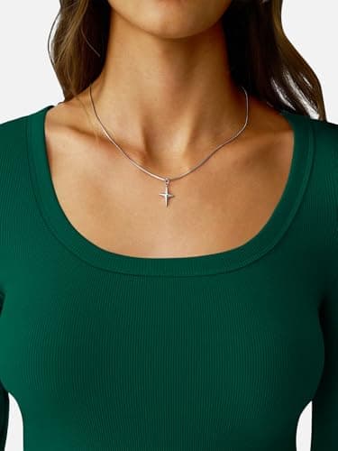 GKBK Scoop Neck Long Sleeve Tops for Women Ribbed Knit Slim Fitted Tight Basic T-Shirts Cute Layering Lightweight Fall Sweaters 2025 Fashion Outfits Dark Green - Thumbnail 5