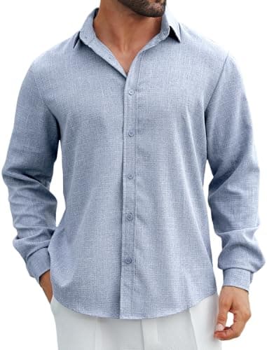 MAPICK Mens Linen Shirts Lightweight Wrinkle Free Travel Long Sleeve Shirts Loose Fit Button Down Shirts(Light Denim Blue,X-Large) - Image 1