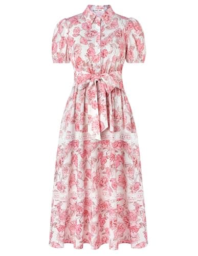 GRACE KARIN Women's 2026 Summer Floral Flowy Dresses Boho Tie Belt Short Puff Sleeve A Line Maxi Shirt Dress with Pocket Pink Floral Small - Image 1