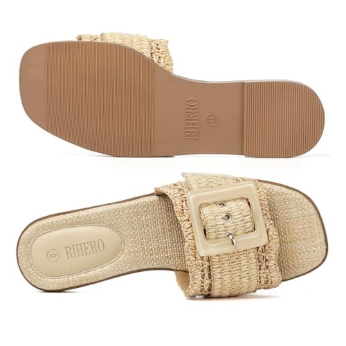 Rihero Raffia Flat Sandals for Women Dressy Slip On Beach Slides Square Toe Buckle Summer Fashion Woven Sandals Natural Size 5.5 - Thumbnail 5