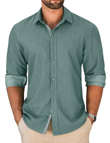 LETSEE Men's Button Down Dress Shirt Long Sleeve Untucked Business Casual Shirt Wrinkle Free Stretch Denim Texture - Image 1