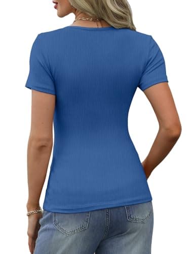 GKBK Women's 2025 Spring Summer Short Sleeve Tops Ribbed Henley Button Slim Fit Basic Casual T Shirts Blouse Trendy Royal Blue XL - Thumbnail 4