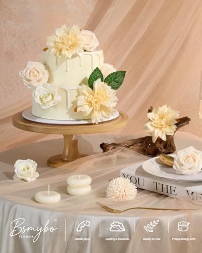 BSMYBO White Flower Artificial Roses Faux Flowers with Stems Mix Fake Roses Dahlia Chrysanthemum Ball for Wedding Bridal Bouquets, Table Centerpieces, Baby Shower, Party, Home Decorations - Thumbnail 4