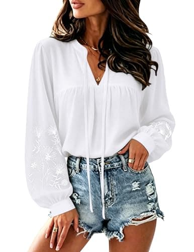 LOOKBOHO Womens Dressy Blouses Casual Mexican Floral Embroidered Long Sleeve Shirts V Neck Pleated Loose Fit Boho Tops L - Image 1