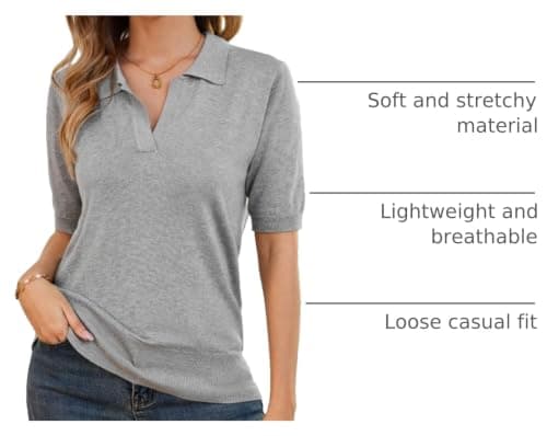 Kate Kasin Women Short Sleeve Polo Sweater Tops Lightweight Summer V Neck Soft Knit Pullover Shirt Light Gray S - Thumbnail 4