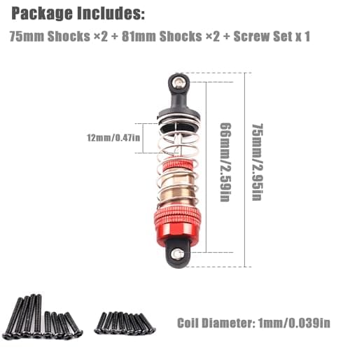 Oil-Fill Shock Absorbers for 1/14 1/16 1/12 RC Cars, 75mm Hydraulic Suspension Kit, DIY Refillable Dampers with Alloy Body, Compatible for MJX, HSP, WLtoys, SCY, FMS, Traxxas (Oil Not Included) - Thumbnail 2