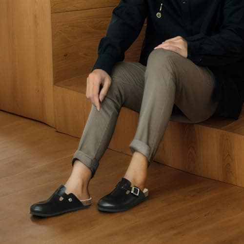 Dumalum Womens Black Clogs Leather Mules Cork Footbed Potato Shoes Comfort Slip on Sandals with Arch Support Clogs for Women Men Dupes Unisex Home Slipper - Thumbnail 2