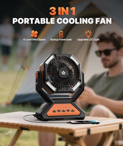Rechargeable Fan Portable-Camping Fans for Tents, 20000mAh Battery Powered Fan Camping Lights with Remote Hook, 4 Timer/4 Speed,Oscillating 45°/90°, Suitable for Personal Office Desk Travel Beach BBQ - Thumbnail 2