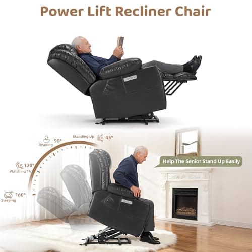Osumlee Large Power Lift Recliner Chair with Massage and Heat for Elderly, Oversized Heavy Duty Faux Leather Recliner, USB & Type-C Ports, 2 Cup Holders (Black) - Thumbnail 3