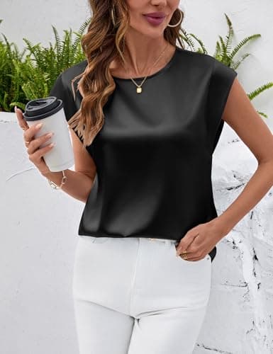 LOMON Womens Silk Satin Tops Summer Cap Sleeve Shirts Dressy Crew Neck Tank Tops Loose Business Casual Blouses XXL Black - Thumbnail 6