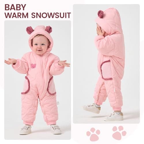 JiAmy Baby Snowsuit Baby Hooded Winter Clothes Newborn Winter Outfit Coat Toddler Boy Girl Clothes Pink 6-9 Months - Thumbnail 2