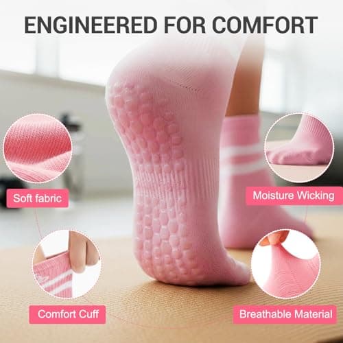 4 Pack Pilates Crew Grip Socks for Women Non Slip Sticky Grippers Yoga Barre Slipper for Hospital Maternity Elderly Home Floor Reformer Ballet Dance Studio Athletic Thick Cotton - Thumbnail 3