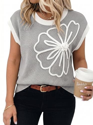 Dokotoo Women's Summer Sweaters 3D Floral Crew Neck Trendy Tops 2026 Casual Shirts Spring Cap Sleeve Sweater Vest Loose Knit Pullover Lightweight Color Blocked Tops Resort Wear,Light Grey Small - Image 1