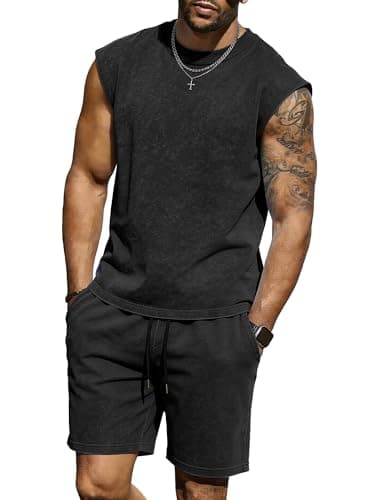 JEMLDL Men's 2 Piece Summer Outfit Acid Wash Tank Tops and Shorts Casual Gym Set Black Cotton Blend L - Image 1
