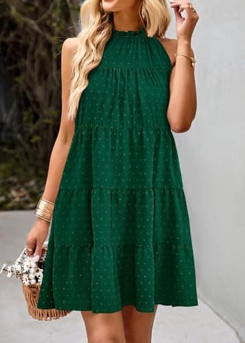 KIRUNDO Summer Sundresses for Women Spring Halter Flowy Babydoll Tiered Pleated Beach Wedding Guest Vacation Cruise Dress(Dot-Dark Green, Small) - Thumbnail 2
