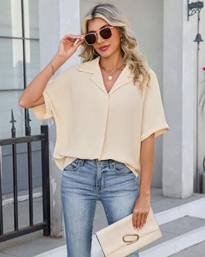 IEEILULU Women Striped Collared Shirt Casual Short Sleeve V Neck Blouse Tops Loose Fit Business Work Dressy Shirts Apricot Striped S - Thumbnail 5