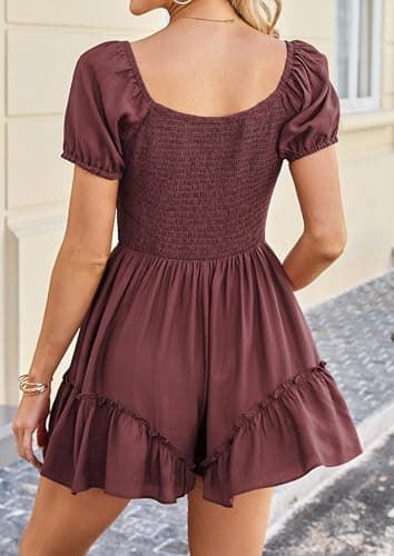 ECOWISH Womens Summer Short Rompers Tie Front V Neck Short Sleeve Ruffle Hem Beach Romper Dress with Pockets 2026 Bean Paste Small - Thumbnail 4