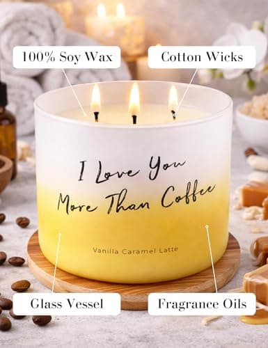 Vanilla Caramel Latte Scented Soy Candle - Large 3-Wick Latte Candle for Home, 15.8oz - I Love You More Than Coffee Quote - Birthday Gift for Coffee Lovers - Thumbnail 5