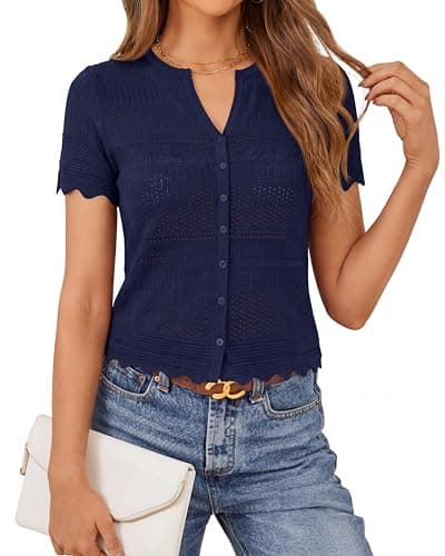 dowerme Women Summer Cardigan Sweaters 2026 Fashion Short Sleeve V Neck Crochet Crop Tops Spring Beach Vacation Clothes(Navy Blue,Large) - Image 1