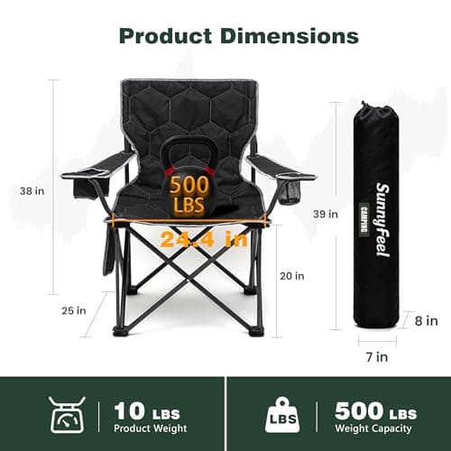 SUNNYFEEL Camping Chairs for Adults, Padded Oversized Camping Chair Heavy Duty 500LBS, Portable Lawn Chair with Cup Holder, Side Pocket&Bag for Outdoor Camping/Beach/Picnic/Fishing, Black 2 Pack - Thumbnail 2