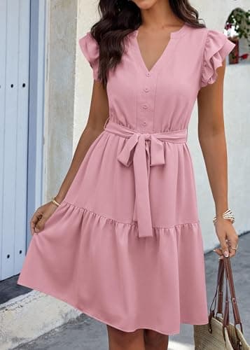 KIRUNDO Summer Dresses for Women 2026 Spring Flutter Sleeve V Neck Ruffle Flowy Tiered Knee Length Beach Vacation Sundress(Pink, XX-Large) - Thumbnail 4