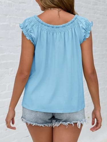 Beloyoni Womens Summer Babydoll Flowy Tank Tops Tie Front Ruffle Cap Sleeve Blouses Cute Going Out Dressy Shirts Light Blue XS - Thumbnail 3