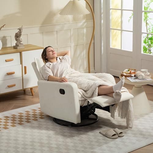 Fachmaih 360° Swivel Rocking Chair Nursery Glider Recliner Nursery Chair Manual Swivel Rocker Recliner with High Backrest Armchair Comfy Side Modern Chair for Living Room (White) - Thumbnail 6