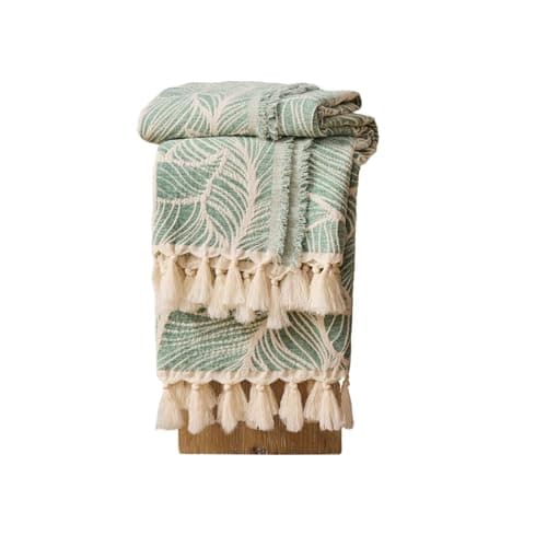 DOWN HOME Chenille Cotton Throw Blanket for Couch, Lightweight Boho Blanket for Bed Sofa Chair Living Room Outdoor Soft Woven Decorative Blanket with Tassel Gift Green Leaves 60"x80" - Image 1