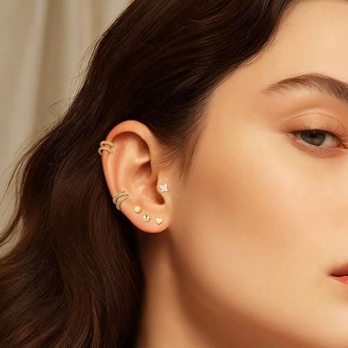 Wgoud 12 Pairs Hypoallergenic Surgical Steel Earrings for Sensitive Ears Waterproof Trendy Gold Plated Small Stud Flat Back Stainless Steel Earrings for Women Men Hoop Cartilage Earring Set for Multiple Piercing (Gold-tone) - Thumbnail 3