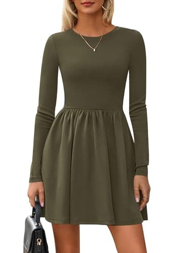 PRETTYGARDEN Women's Long Sleeve Mini Dresses 2026 Spring Casual Pleated A Line Party Cocktail Short Babydoll Dress with Pocket (Army Green,L) - Image 1