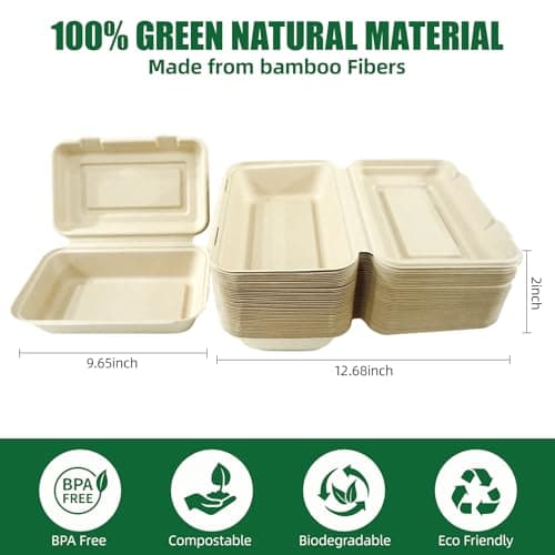 Compostable food to go containers with lids 9x8 Inch Takeout Lunch Box Containers with Lid To Go Take Out Clamshell for Food, Disposable Eco-Friendly Biodegradable bamboo, PFAS-Free, Brown (100) - Thumbnail 2