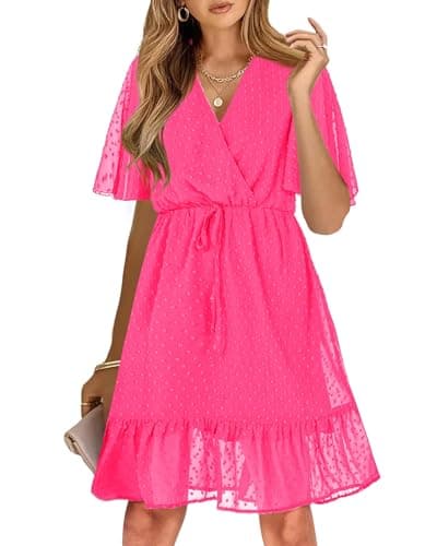 KIRUNDO Womens Summer Dresses 2026 Casual Spring Short Sleeve V Neck Ruffle Swiss Dot High Waist Belted Flowy Mini Dress(Style2-Rose Red, Medium)