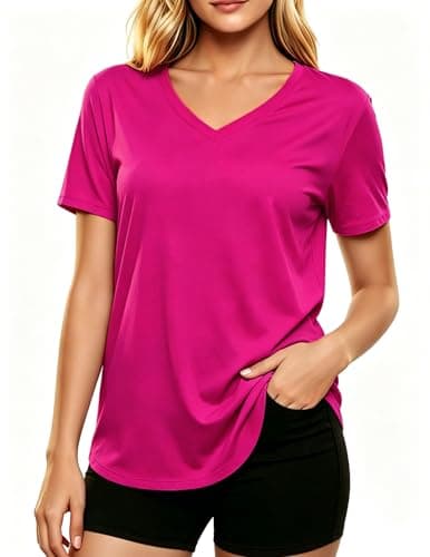 LETSEE Short Sleeve V-Neck Top Women’s Workout Shirt Loose Fit Stretch T-Shirt Casual Tee for Daily Wear and Travel Rose Red - Image 1