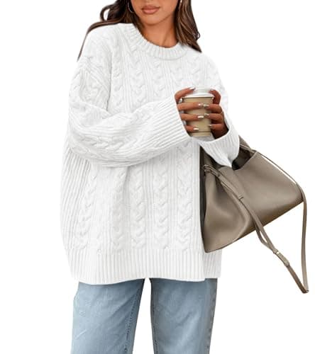Okiwam Women's Oversized Sweaters Crewneck Cable Knit Pullover Casual Loose Fall Outfits Spring Fashion Clothes 2026-XL White - Image 1