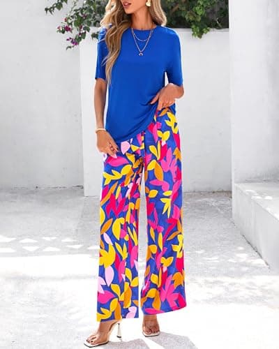 PRETTYGARDEN Women Summer 2 Piece Outfits 2026 Short Sleeve Knit Top Floral Print Belted Wide Leg Pant Sets With Pockets(Floral Blue Multicolored,XX-Large) - Thumbnail 2