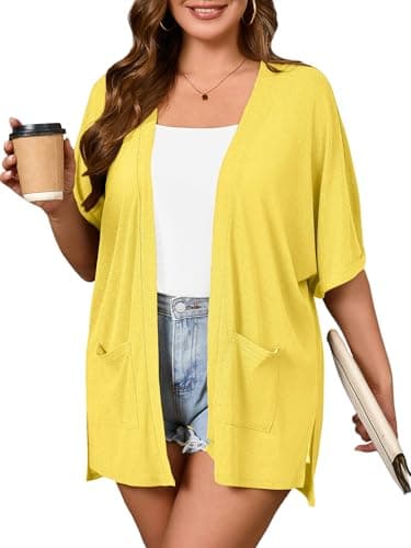 AusLook Plus Size Bright Yellow Cardigan for Women 2X Short Sleeve Lightweight Open Front Shrug with Pockets for Dresses and Layering - Image 1