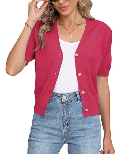 COSSEN Cardigan for Women Trendy Dressy Rose Red Medium V Neck Bolero Crop Coat Crochet Button Down Short Sleeve Short Tops Open Front Lightweight Jacket Summer Knit Cropped Shrug for Dress - Image 1