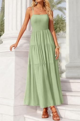 Okiwam Women's Summer Dress 2026 Casual Boho Sleeveless Spaghetti Strap Smocked Maxi Dress Ruffle Long Beach Sundresses-XXL Light Green - Thumbnail 6