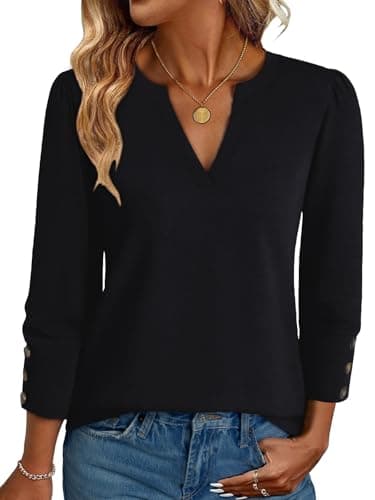 NORACORA Blouses for Women Dressy Casual 3/4 Length Sleeve Womens Tops V Neck Loose Fit T Shirts Beach Vacation Spring Summer Fall Shirts Black XXL - Image 1