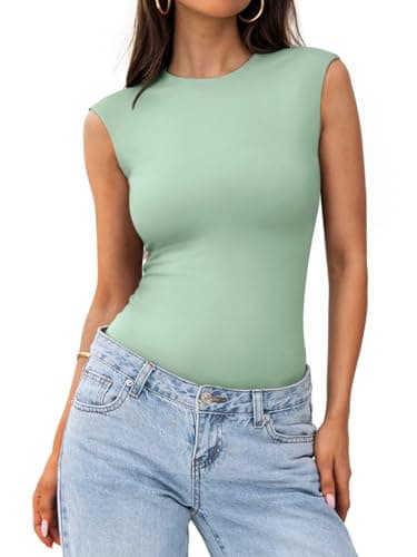 PINKMSTYLE Cute Double Lined Sleeveless Bodysuit for Women Crew Neck Tank Tops Sexy Thong Outfits Tops Sage Green Medium