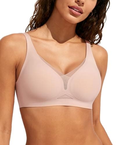 As Fairy Sexy Plunge Mesh Wireless Comfort Bra Breathable Seamless T-Shirt Bra with Light Support Pink 36DD - Image 1