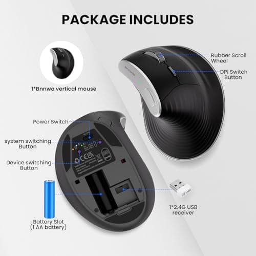Bnnwa Wireless Vertical Ergonomic Optical Mouse 2.4G Bluetooth Wireless Vertical Mouse 4 Adjustable 1000/1600 / 2400/3200 DPI Wireless Mouse Compatible with Windows, Mac OS, Laptop, PC- Black - Thumbnail 6