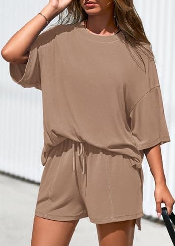 KIRUNDO 2 Piece Sets for Women Summer Lounge Sets Casual Oversized Tshirts Shorts Matching Airport Travel Outfits Postpartum(Khaki, X-Large) - Thumbnail 4