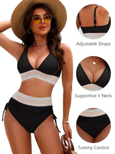 GKBK Women High Waisted Bikini Sets Tummy Control Swimsuits Color Block Two Piece Drawstring Bathing Suit Black L - Thumbnail 4