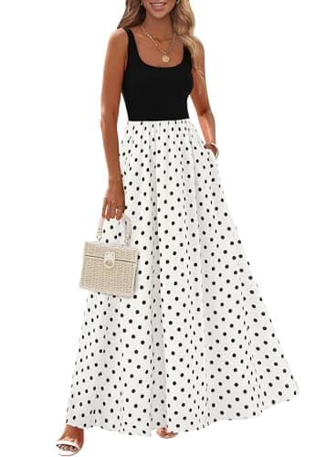 KIRUNDO Women Summer Sleeveless Boho Floral Maxi Dress 2026 Scoop Neck Tank A Line Flowy Beach Vacation Resort Wear Sundress(Black White Polka Dot, XX-Large) - Image 1